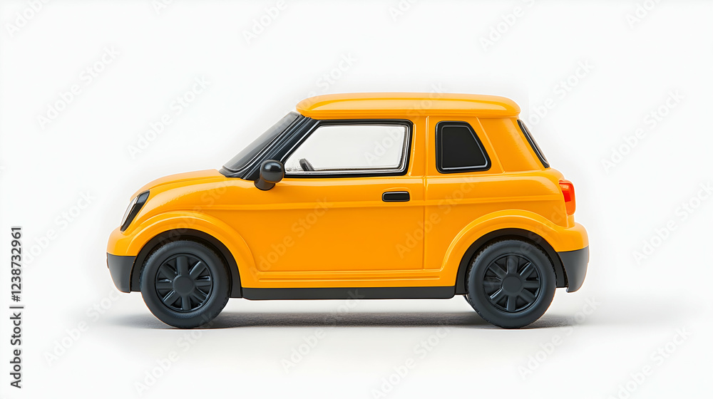 Yellow toy car side profile on white background; ideal for children's toys, transportation, or marketing Yellow toy car side profile on white background; ideal for children's toys, transportation, or marketing