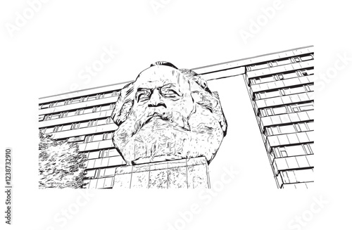 Print Building view with landmark of Chemnitz Germany. Hand drawn sketch illustration in vector.