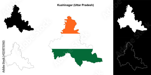 Kushinagar district (Uttar Pradesh) blank outline map set photo