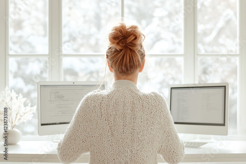 Woman working on computer in cozy home office with winter view through window