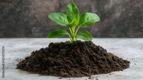 Young sprout emerges from rich soil, against a dark background;  growth, sustainability concept photo