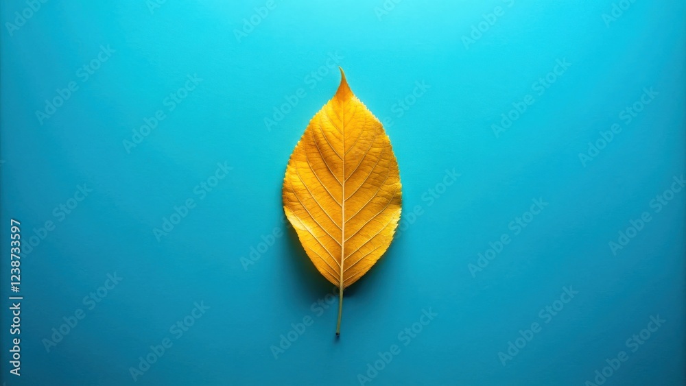 Fototapeta premium Single golden leaf on a vibrant blue background. A simple autumnal composition.