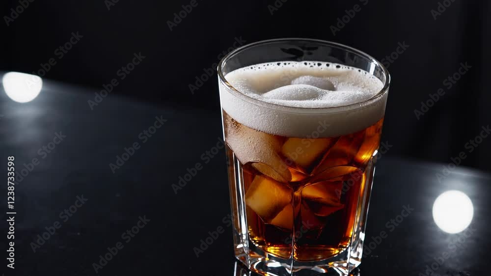 Classic Black Russian cocktail in a short glass with ice cubes and a frothy top, placed on a reflective dark surface Classic Black Russian cocktail in a short glass with ice cubes and a frothy top, placed on a reflective dark surface
