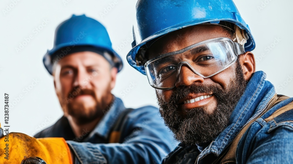 Fototapeta premium In an inspiring moment, two construction workers wear blue helmets and protective gear, ready to tackle the day's challenges with a confident and determined expression.