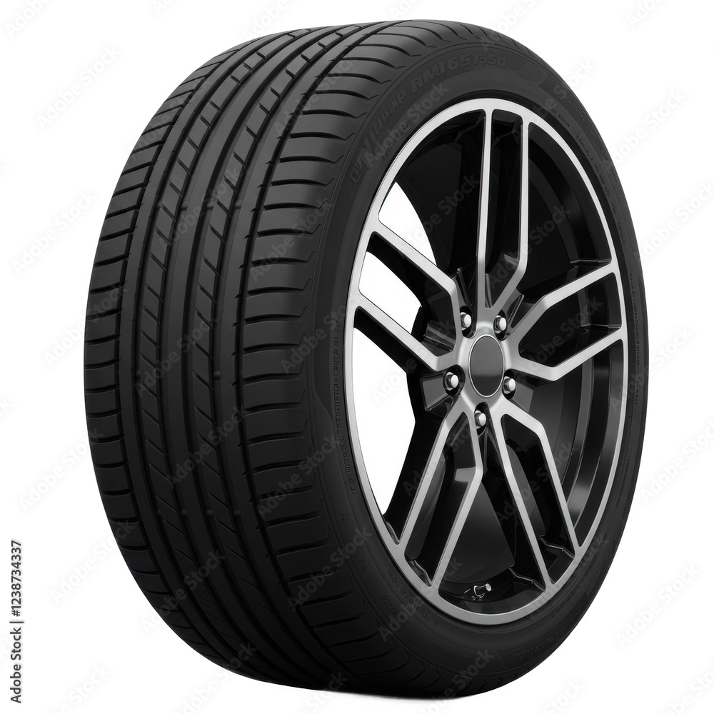 A single black car tire with a metallic alloy rim, standing upright, isolated on a white background A single black car tire with a metallic alloy rim, standing upright, isolated on a white background