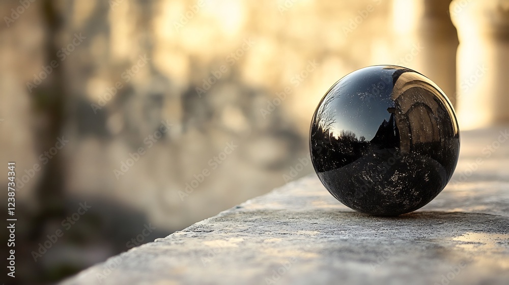 Reflective Black Sphere Rests Softly on Stone Wall Warm Golden Light. AI Generated Reflective Black Sphere Rests Softly on Stone Wall Warm Golden Light. AI Generated