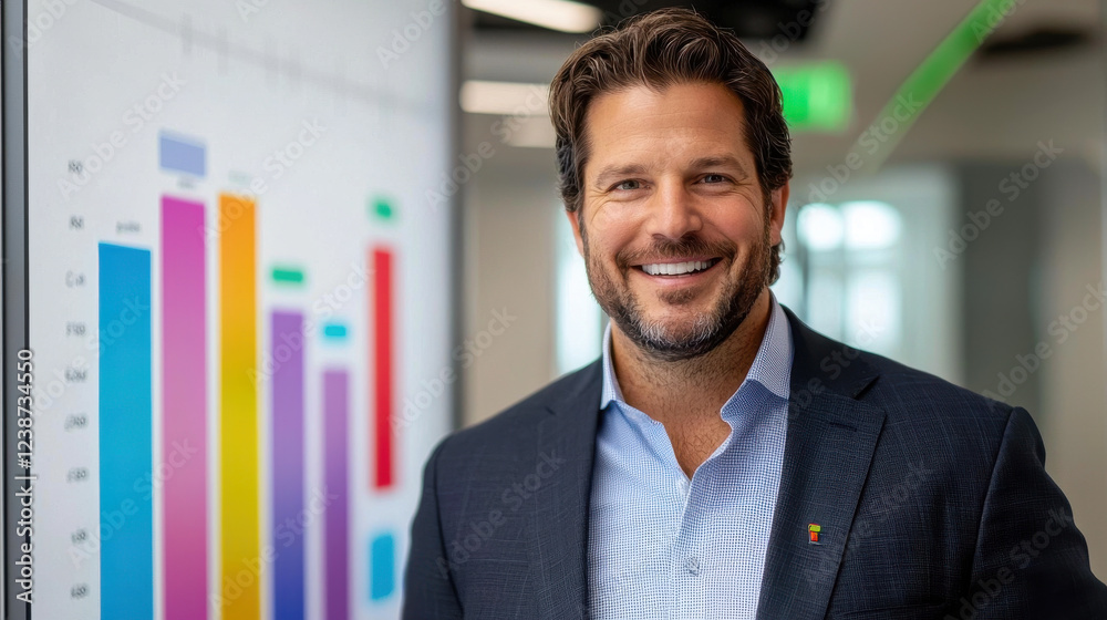 Fototapeta premium business professional smiling in front of colorful bar graph presentation, showcasing data analysis and teamwork