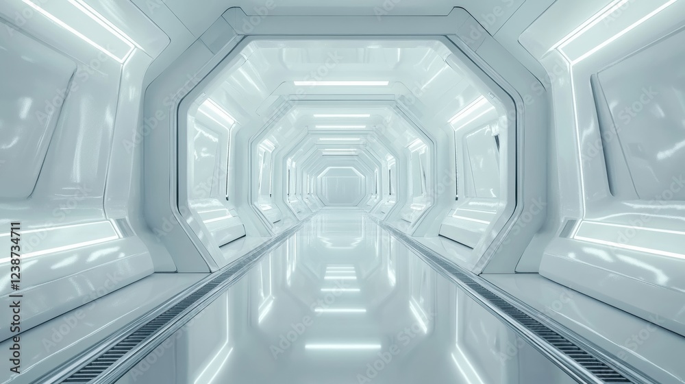 Bright Futuristic Corridor with White Walls and Reflective Floor Leading into Depth of Space Station Bright Futuristic Corridor with White Walls and Reflective Floor Leading into Depth of Space Station