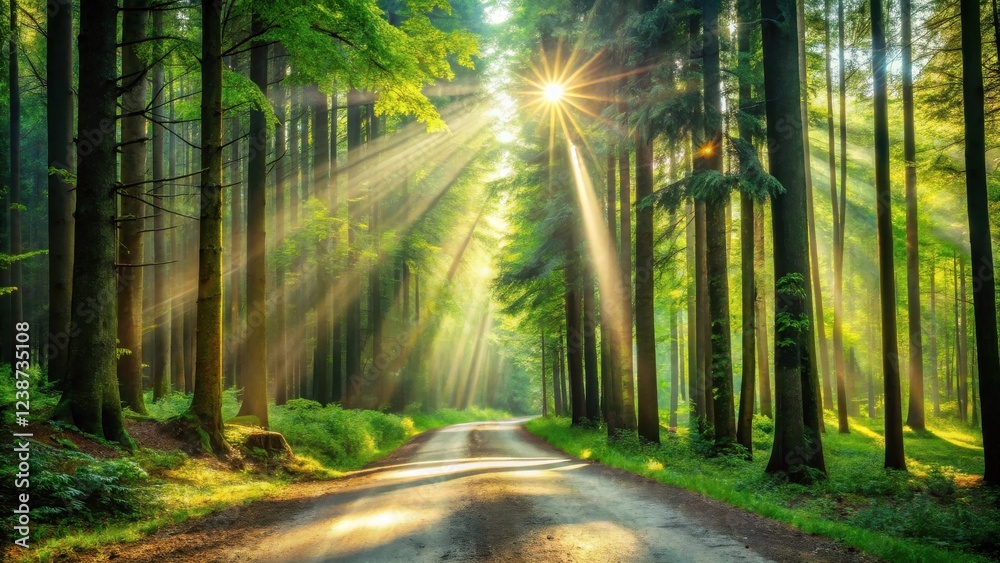 Obraz premium Sunlit Path Through a Verdant Forest, Beams of Light Illuminating a Winding Road