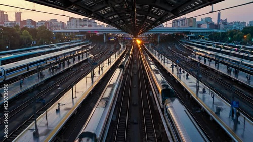 Busy train station during golden hour with multiple trains arriving and departing from different tracks