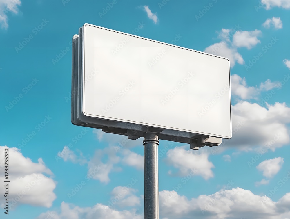 Obraz premium Blank Street Sign Mockup on Metal Pole Against Blue Sky with Clouds
