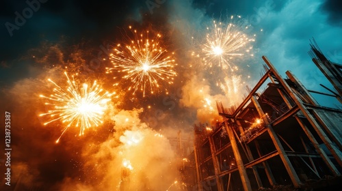 Fireworks burst into flames and sparks above a construction site, merging joy and peril, representing a unique balance between celebration and the risks of industrial settings. photo