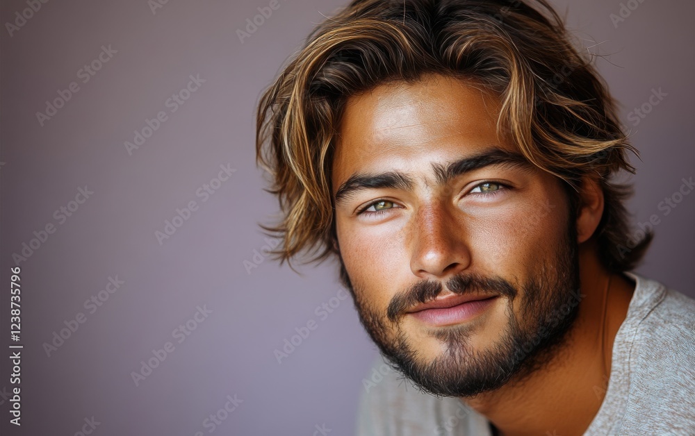 handsome man smiling with a mustache and a causal t-shirt
