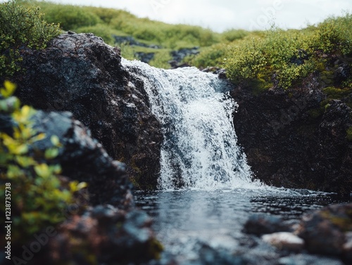 Serene Waterfall Cascading over Rocks in a Lush Green Landscape photo