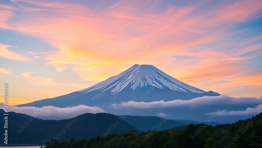 Fototapeta premium Majestic Sunrise Over Mount Fuji – Serene Misty Mountains Landscape