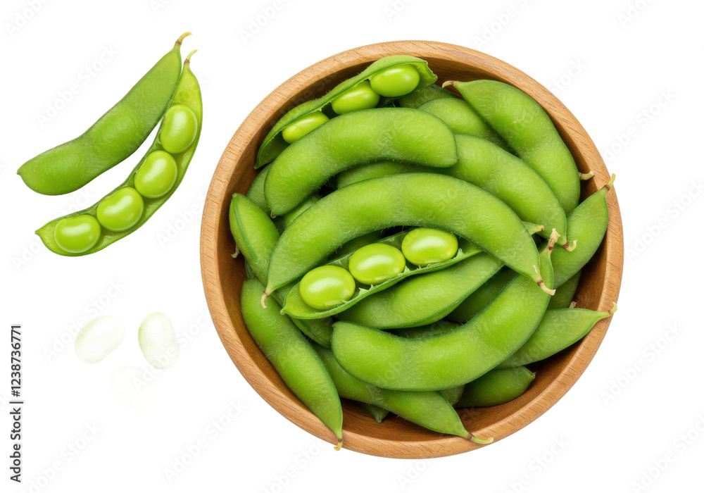 A wooden bowl filled with fresh green edamame beans, accompanied by a pod and a few loose beans, isolated on a white background A wooden bowl filled with fresh green edamame beans, accompanied by a pod and a few loose beans, isolated on a white background