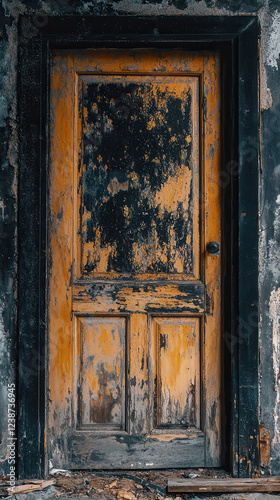 weathered wooden door with black mold and water damage