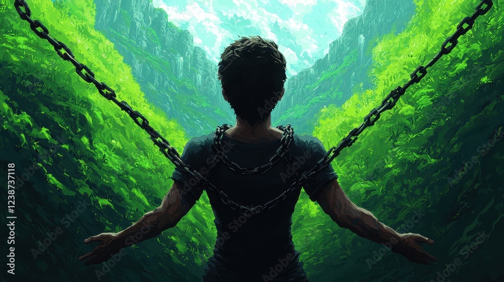 Fototapeta premium Person Breaking Free from Chains in Lush Green Environment
