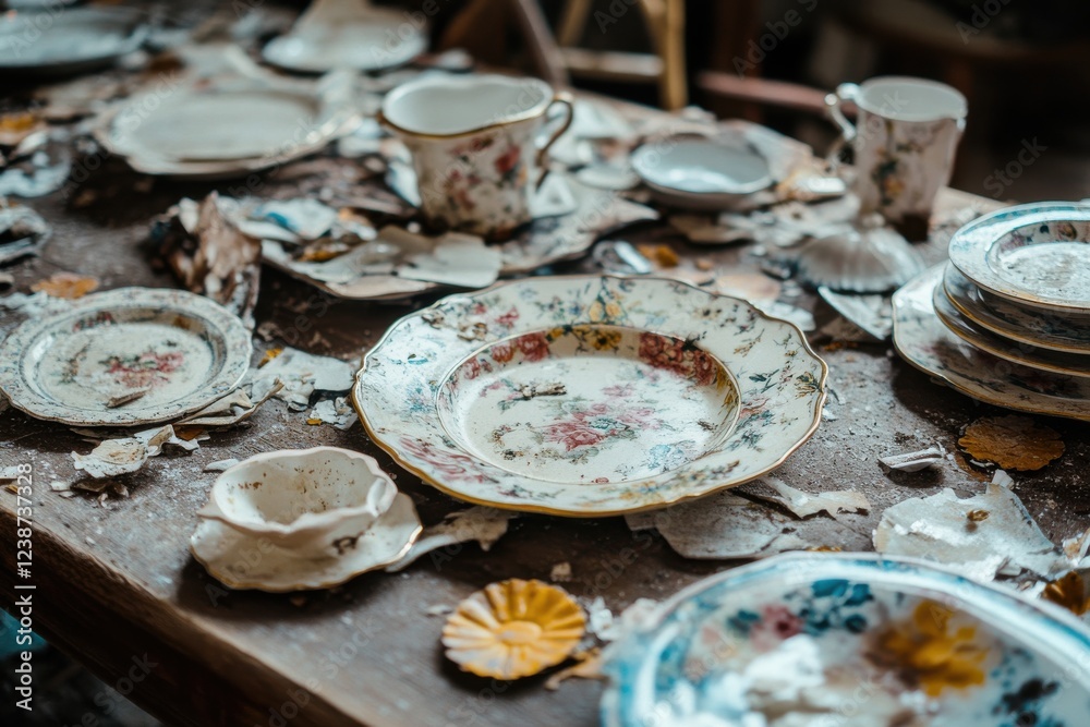 Fototapeta premium Broken vintage china and antique dishes scattered across a dusty table in an abandoned setting