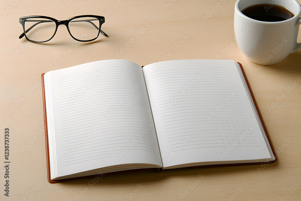 Open Notebook, Coffee, and Eyeglasses on a Desk Open Notebook, Coffee, and Eyeglasses on a Desk