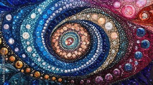 An intricate close-up image of a swirling pattern made up of colorful gemstones and crystals. The design portrays a dynamic spiral of varying shades of blue, purple, pink, and orange, creating a visua photo