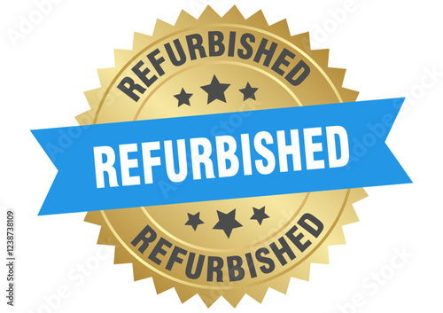 refurbished. refurbished round blue and gold label isolated on transparent background