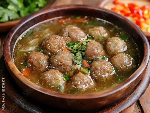 A flavorful bowl of meatball soup served in a wooden bowl on a table photo