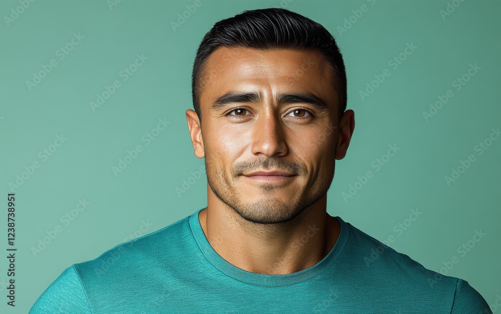 Fototapeta premium A man with a shaved head and a beard is wearing a blue shirt