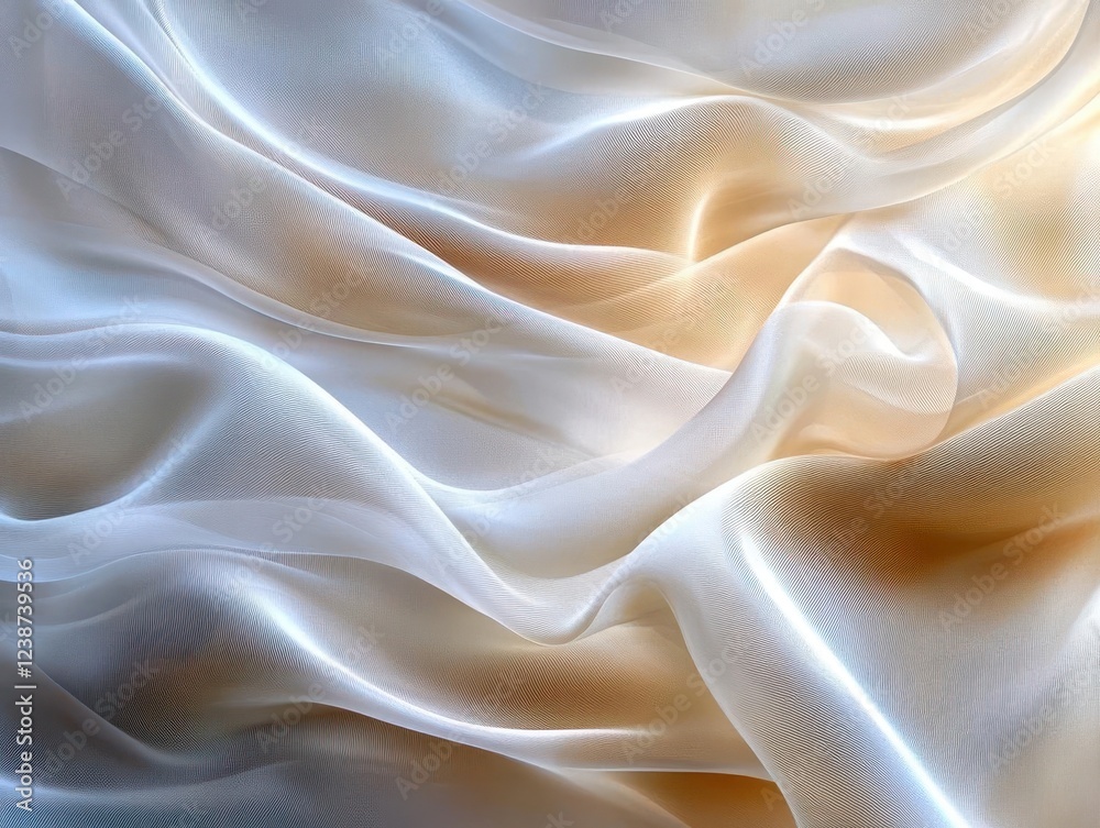 Obraz premium ethereal silk fabric waves in motion, creating flowing abstract patterns in champagne and pearl tones, with soft dramatic lighting and glossy highlights