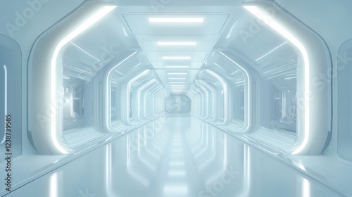 Futuristic Corridor With Glowing White Archways And Reflective Floor Creating A Clean Space