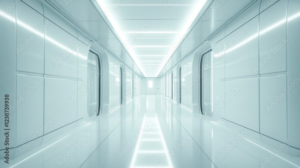 Futuristic Hallway Interior with Illuminated Ceiling and Doorways Leading to the Unknown Futuristic Hallway Interior with Illuminated Ceiling and Doorways Leading to the Unknown