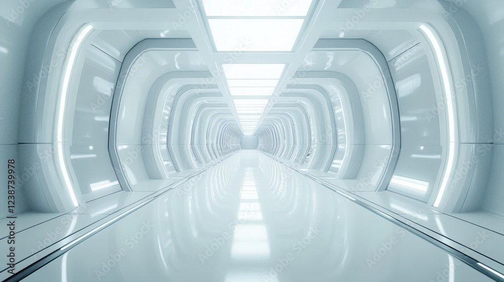 Obraz premium Futuristic Hallway Space Interior with White Walls and Minimalist Design Clean and Modern Style