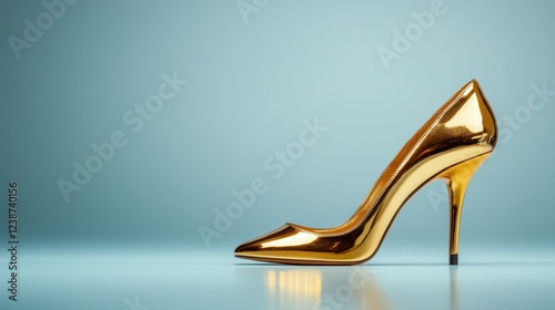 The image displays a stunning golden high heel shoe set against a soft, light blue background, emphasizing its luxury and elegance, ideal for any fashion-centric context.