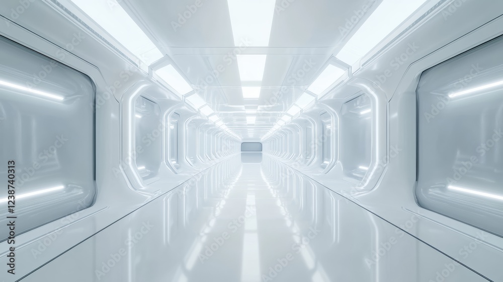 Obraz premium Futuristic Interior White Hallway With Glossy Floor And Rectangular Light Panels In Series