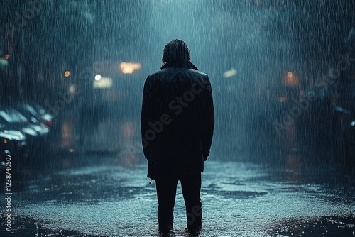 Man standing alone in rain, city night