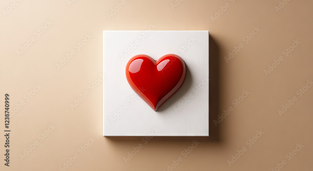 A glossy red heart is mounted on a textured white canvas, placed against a soft beige background. The arrangement is simple yet captivating, symbolizing love and warmth in a minimalistic style A glossy red heart is mounted on a textured white canvas, placed against a soft beige background. The arrangement is simple yet captivating, symbolizing love and warmth in a minimalistic style