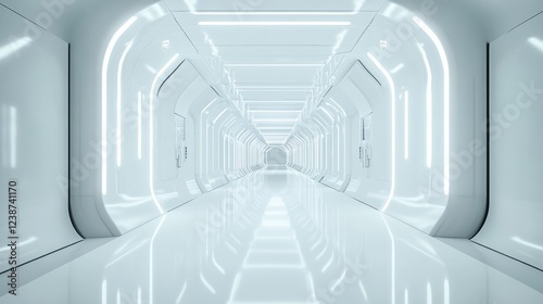 Futuristic White Corridor with Glowing Panels