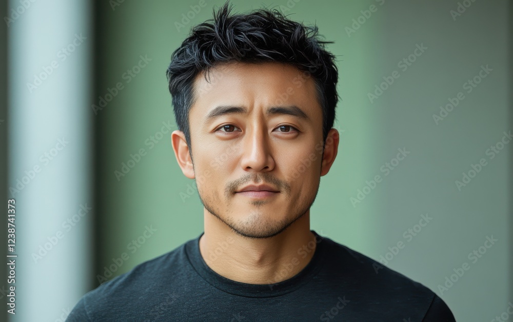 handsome man smiling with a mustache and a causal t-shirt handsome man smiling with a mustache and a causal t-shirt