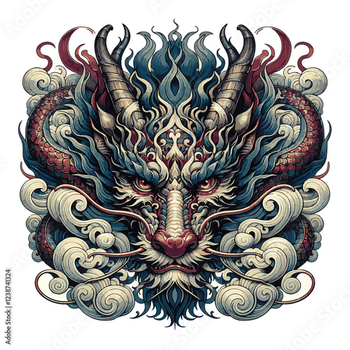 Volto di drago orientale in stile fumetto. Arte tradizionale cinese e giapponese. Generative AI	