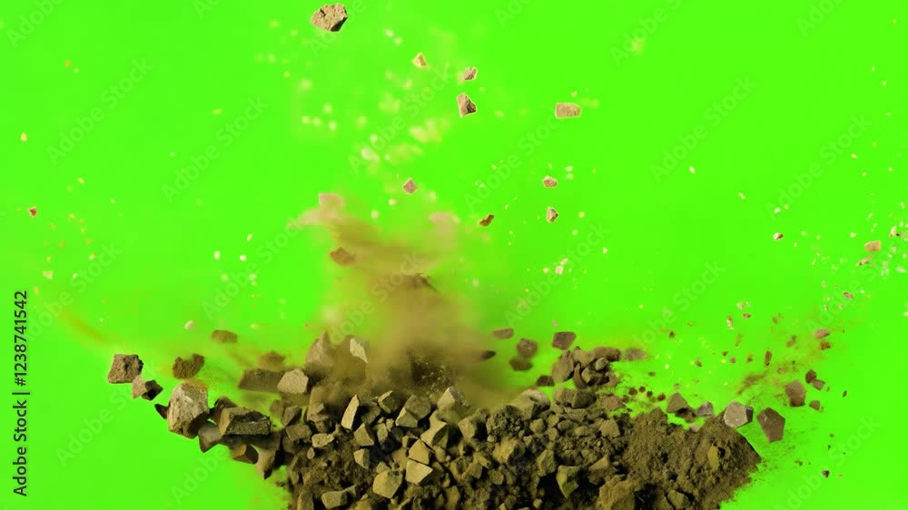 Ground explosion with debris on green screen