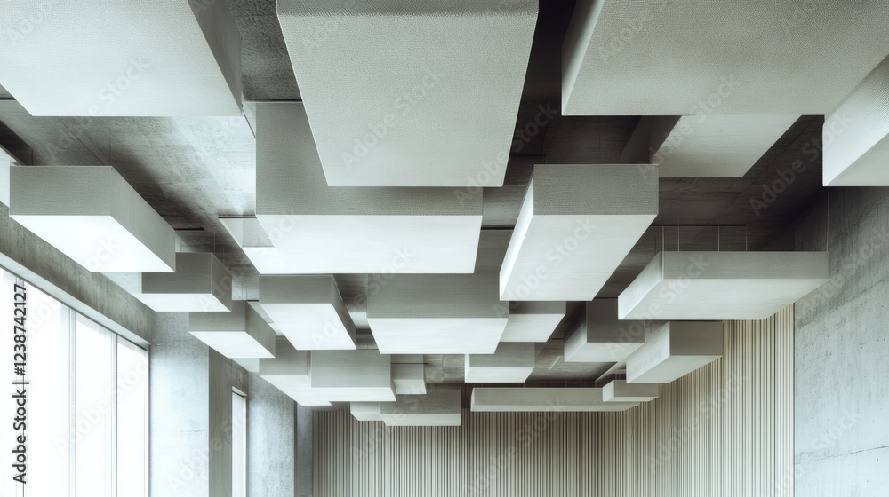 Obraz premium A conference room featuring a suspended ceiling made of plasterboard, incorporating acoustic panels for sound absorption.