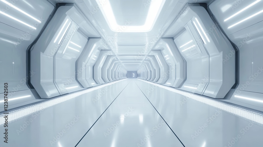 Futuristic White Tunnel With Angular Panels And Linear Lighting Leading Into Infinite Distance Futuristic White Tunnel With Angular Panels And Linear Lighting Leading Into Infinite Distance