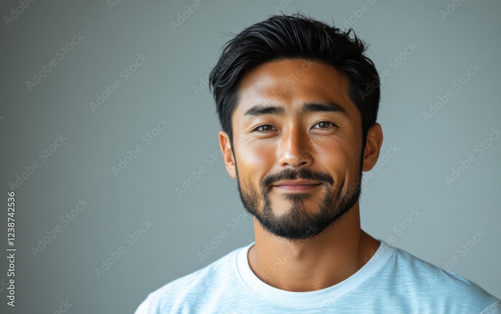 handsome man smiling with a mustache and a causal t-shirt handsome man smiling with a mustache and a causal t-shirt