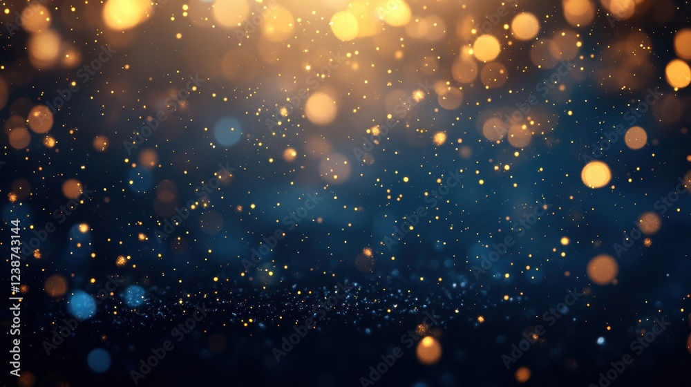 Fototapeta premium Golden Bokeh Lights on Deep Blue Background Creates a Magical and Dreamy Festive Mood