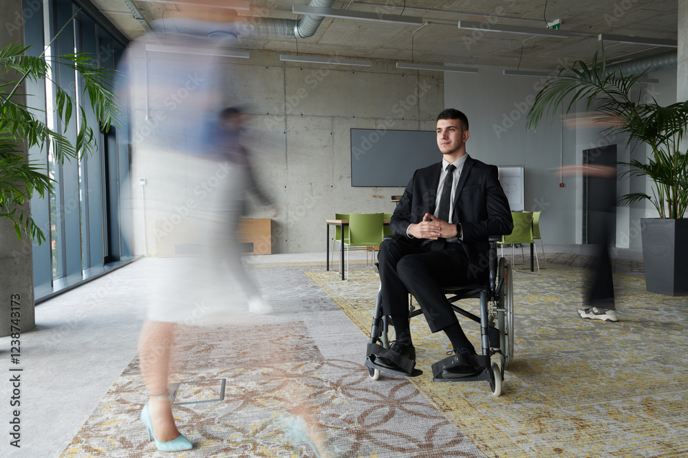 custom made wallpaper toronto digitalA businessman in a wheelchair navigating through a busy office, surrounded by his colleagues who are actively engaged in their work and collaboration