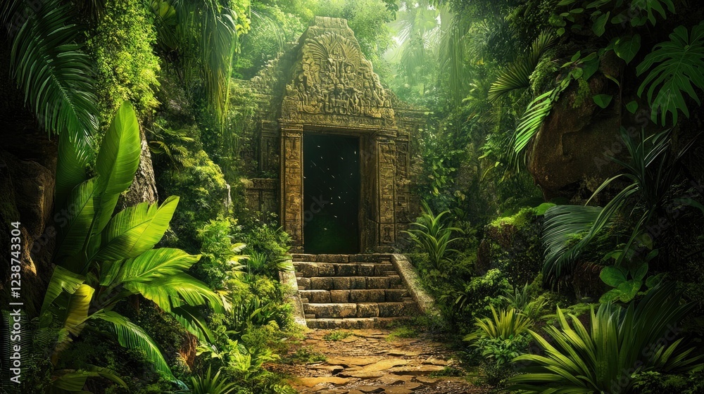 Ancient Jungle Temple Entrance with Lush Vegetation and Mysterious Doorway Ancient Jungle Temple Entrance with Lush Vegetation and Mysterious Doorway