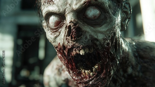 Eerie close-up of a zombie emerging from the shadows in an abandoned urban area at dusk. Generative AI