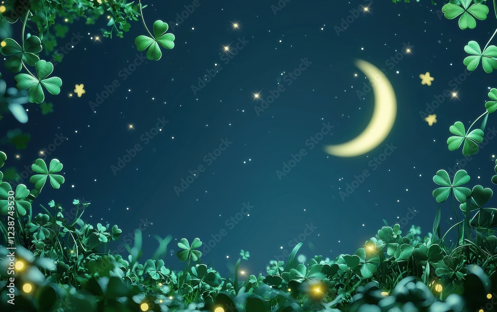 Obraz premium Dreamy Saint Patrick Day moonlit scene with glowing shamrocks, twinkling stars, and a poetic blank space for text