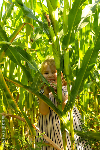 Little pretty girl smiling in a corn field in summer