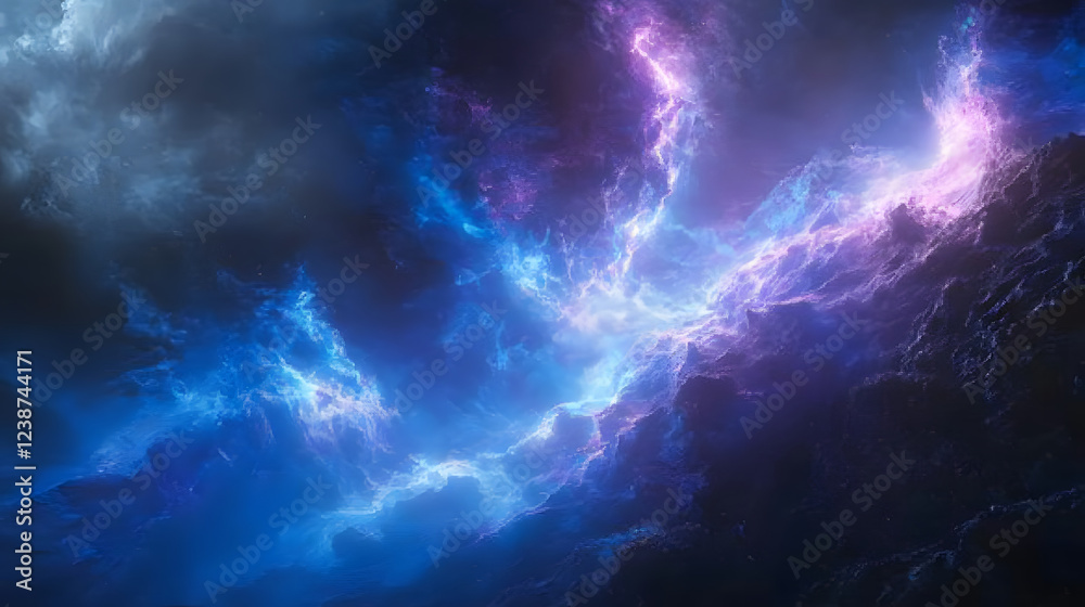 Fototapeta premium A vibrant cosmic scene featuring swirling clouds of blue and purple, illuminated by bursts of light, evoking a sense of mystery and wonder